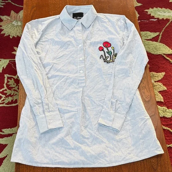 Sam Edelman Pin Striped Shirt Dress or Nightshirt with Floral Embroidery Large - Picture 3 of 9